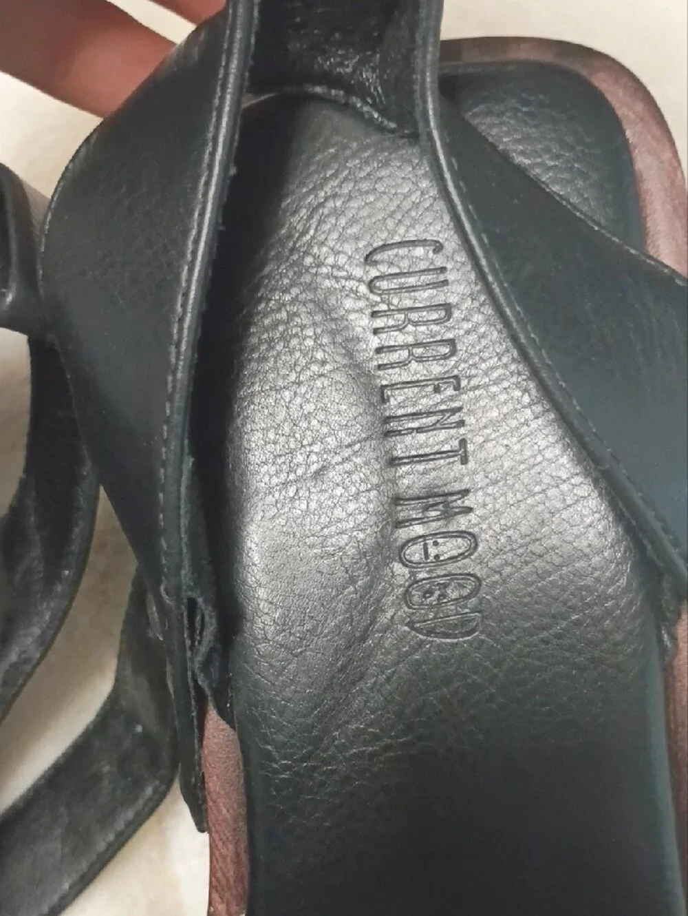Current Mood Black Leather Platform Sandals with Wood-Effect Sole